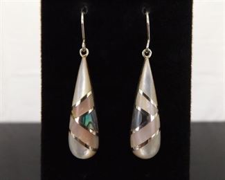 .925 Sterling Silver Inlayed Mother of Pearl Hook Dangle Earrings
