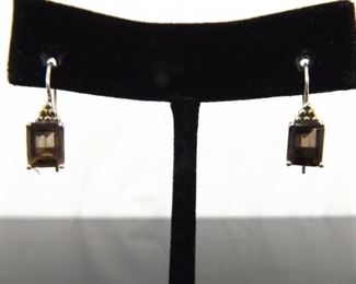 .925 Sterling Silver Emerald Cut Smokey Quartz Hook Earrings
