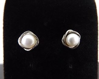 .925 Sterling Silver Genuine Pearl Nest Post Earrings
