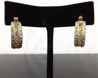 .925 Sterling Silver Greek Key Washed Vermeil Hoop Latch Earrings
