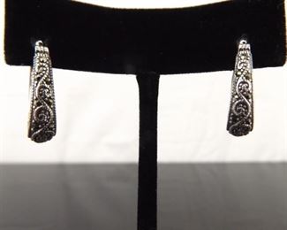 .925 Sterling Silver Art Nouveau Scrolled Oval Hoop Latch Earrings

