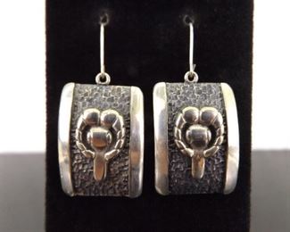 .925 Sterling Silver Artisan Rams Head Shield Dangle Hook Earrings
