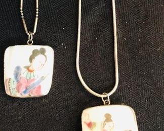 Sterling Silver Chinese Porcelain Pendants 