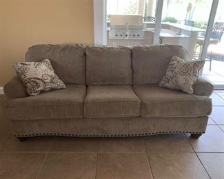 3-piece Chenille sofa, oversized chair and ottoman in soft Pewter. Gently used for less than 2 years, this set was well maintained and shows no signs of wear. You'll love the way it feels!! 