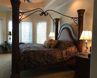 Trending Now! King Size 4 Poster Bed - Wood, Leather & Wrought Iron Canopy. Measures 90" wide x 100" x 92" to top of post. 