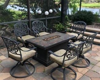 Propane Fire Pit Chat Height w/Tile Top, w/6 Swivel Chairs - 48" x 36" x 24".