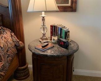 Round Wood Bedside Table w/Marble Top and storage underneath. 