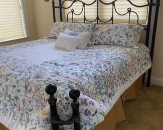 King size metal bed frame w/Stearns and Foster mattress & box spring. Measures 84" x 80" x 62". 