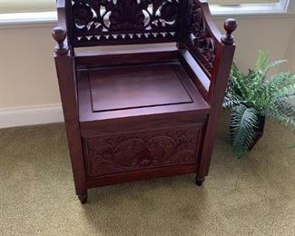 Carved Mahogany King Chess Chair w/Storage. Measures 23" x 19" x 36".