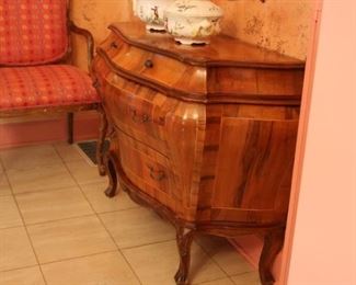 2  Italian Bombe Chest Of Drawers 1950s Italian Louis XV-style Bombay chest is made of wood covered in burl veneers   38.5" wide at the back. 16" deep overall. The top measures 14.25" deep. The piece stands 29.75" tall.