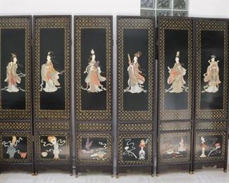 Large Vintage Black Lacquer Oriental Carved Soapstone 6 Panel Screen  Room Divider 