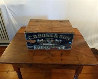  Turn of the Century "Biscuit Milk Lunch Box" from "C. D. Boss & Son from early 1900's from New London Ct.. Wooden hinged box with 2 compartments. 10" H x 21 1/2" L x 13 3/4" W.