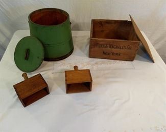 Butter molds, antique box and bucket