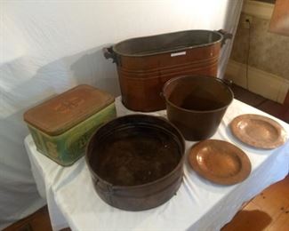 Copper handled Pan 50 1/2 x 5 3/4 High and other assorted copper pans/boxes. Tin Wheat Heart Brand Bread Box