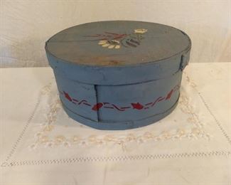 Large painted light blue box w/red pattern on outside with lid