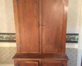 Large Antique Hutch stained dark brown with upper cabinet doors and lower cabin section 74 3/4 H" x 48" 1/2 W x 11" D