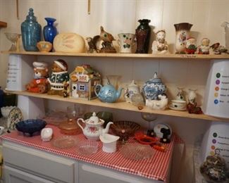 Tea pots, cookie jars, figurines, milk glass, decor, 