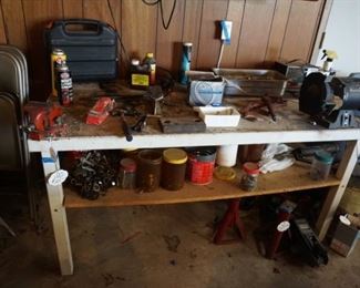 work table, grinder, tools