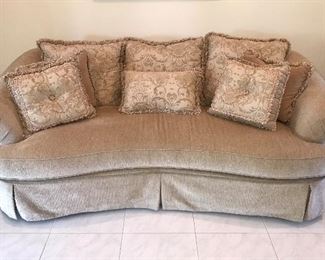 PRICE: $400.00-  Honey Chenille Sofa. 
3 Back Pillows + 5 Decorative Pillows
Manufac: Brookwood 
Item#PH47850