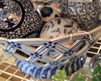 Blue & white bowl with decorative balls