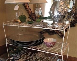 Lamp; pitcher; silver chargers; serving bowls