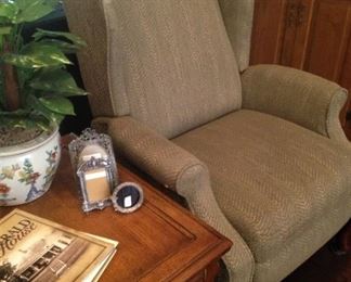 Wing back chair; side table