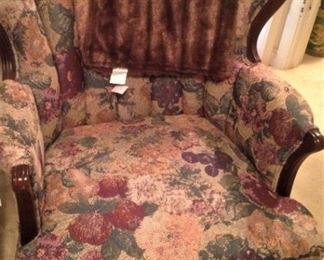 One of two channel back chairs; faux fur throw