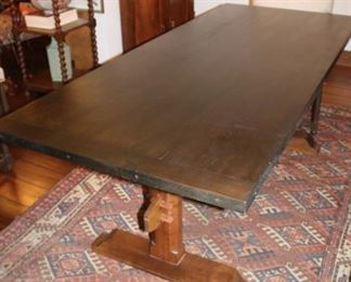 Custom Made Trestle Dining Table,  29" H x 34" W x 74" L  Walnut Base w/ solid Pine Top made in Massachusetts.  New Price $950 Table Only.  
***Please note: California sales tax will be charged on all purchases unless you have a valid California resale certificate on file with us.***