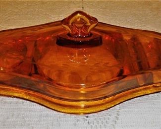 OLD - LOVELY AMBER ETCHED LIDDED DISH