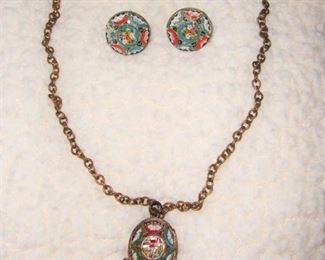 EARLY 1920's - 30's - ITALY MICRO MOSAIC LAVALIER NECKLACE & CLIP EARRINGS
