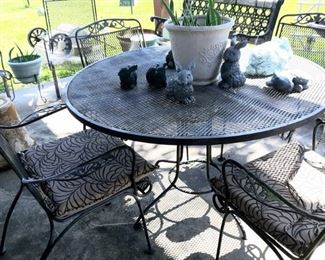 VINTAGE 5 PIECE IRON TABLE/CHAIRS WITH CUSHIONS