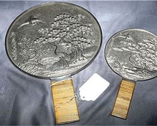 15. Pair Antique Japanese Silver Plated Bronze Hand Mirrors