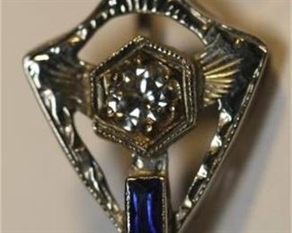 32. 14K White Gold Art Deco Diamond Sapphire Stick Pin