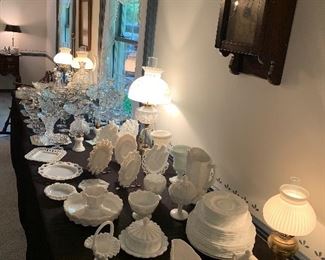 Table of Milk glass, Cut Crystal, Coin Punch Bowl and Lamps