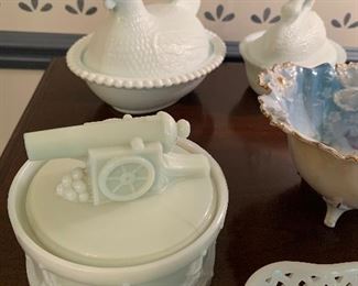 Cannon over drum candy dish milk glass, hen covered dishes