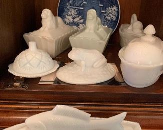 More milk glass pieces....Fish & Boat, Lion Covered Dishes, Fish, Frog 