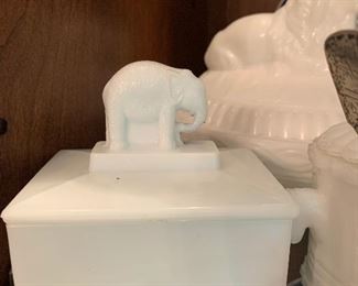 Elephant Covered Dish Milk Glass