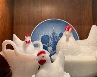 Hens in Basket Milk Glass