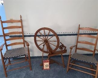Spinning wheel, His and Hers matching vintage maple chairs
