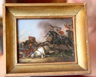 Painting on porcelain..War scene signed M. Ahtborn etched on the back. Very detailed high quality piece. 3 1/8 x4 in a wood frame that measures 4 3/4 x 5 $125
