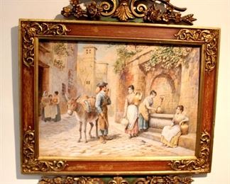 
Spanish watercolor on board signed Trevor Madden. street scene in Spain on a wood and gold leaf frame. Marked on the “at the fountain in Toledo, Spain. Circa 1900 $125
26x30 in the frame