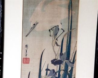 Japanese Wood block print, Egret in the Reeds, egrets body is impressed lines original Japanese wood frame, 20x12. $65