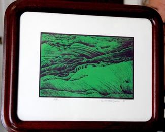 Lithograph artist proof Japanese signed C. Mroczyushi 1985 rounded corners wooden frame 10x11 3/4   $65
