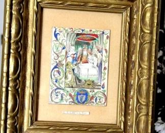 Hand painted  Watercolor Framed page . Titled "Depicting the Purification of the Virgin". illuminated page with floral border.  Looks to be medieval. The painting measures 4"x5"  with the frame 10"x12". $65
