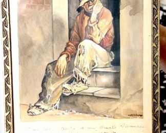 Cabral original watercolor 1939 of a hobo signed Cabral with a dedication by the artist. 13 1/2 x 10 1/4 wood frame with glass. $200