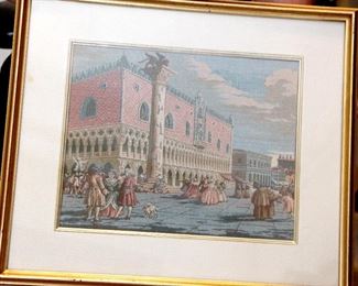 Framed needlepoint Saint Mark’s Square Venice very detailed multicolored. Professionally framed and matted. Gold leaf frame 14x16 $60