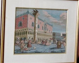 Framed needlepoint Saint Mark’s Square Venice very detailed multicolored. Professionally framed and matted. Gold leaf frame 14x16 $60 