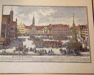 The Grand Marketplace of Nuremberg. Hand colored description is written in German and dated 1587  14 1/2 x 12 1/4. Wood gold toned frame with glass. $50