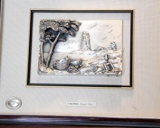 Sterling silver Sculpture with lighthouse from Italy boat scene - artist signed A. Beltrami  Handcrafted with sterling silver over marble powder. With certificate of authenticity. 17 1/2 x 15 1/2 wood shadow box frame. $95