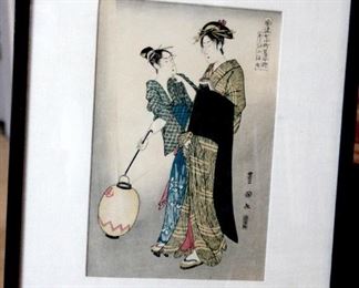 Japanese wood block print.  19th Century - Two women with a lantern . Fabric mat with simple black frame with glass 16 inches x12 3/4 inches .    $90 